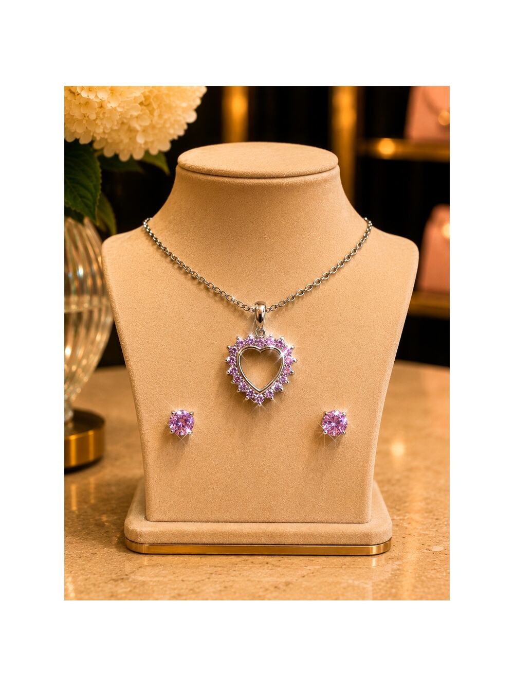 Pink Cubic Zirconia Heart Necklace & Matching Stud Earrings Set Silver Tone